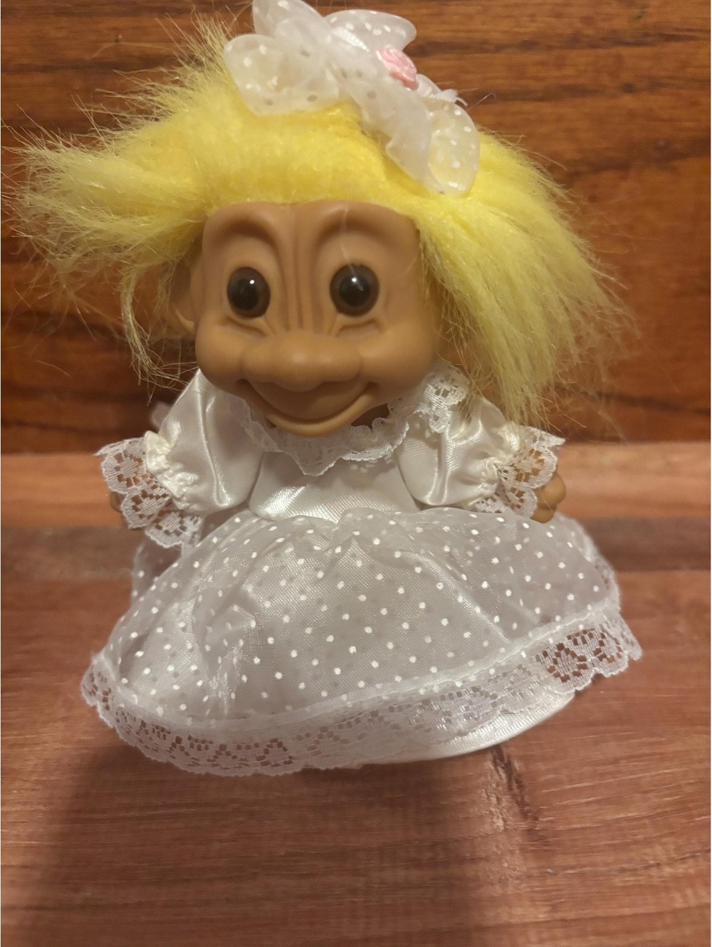 Troll Doll Vintage Bride Troll Yellow Hair Lace Wedding Dress with Trail 5”